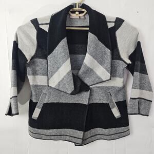 Chicos Womens Button Cardigan Coat Sz 0 Black and White Draped Wool Blend